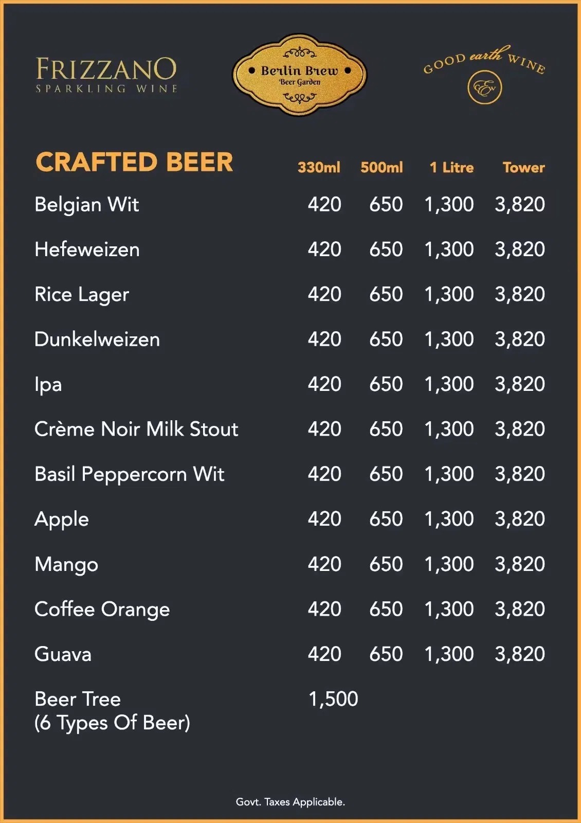 Berlin Brew Crafted Beer menu